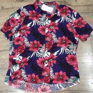 +JOGAL Men's Pink Flower Casual Button Down Short Sleeve Hawaiian Shirt